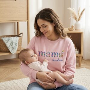 SUDADERA “MAMÁ” BORDADA CON FLORES + “DE + NOMBRE” (XS–3XL)