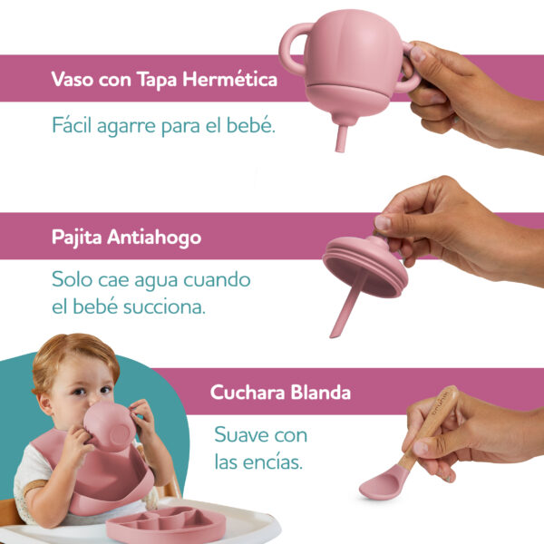 Vajilla bebé de 5 piezas con caja de regalo - Rosa Oscuro - Imagen 2
