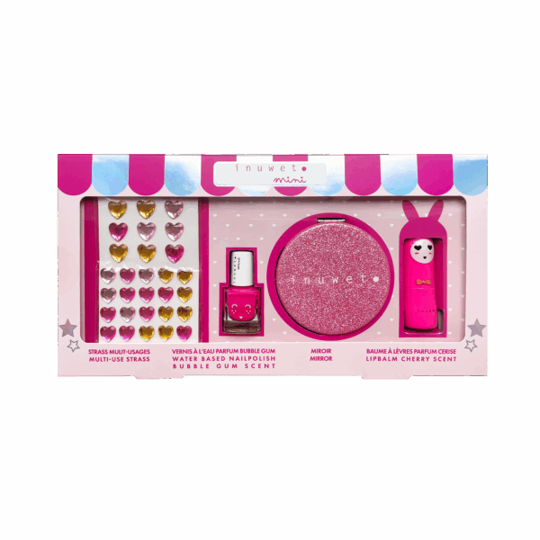 Mini Set Glitter girl Rosa: pedrería facial & corporal + esmalte de uñas fucsia-fresa + espejo purpurina + labial fucsia-cereza - Imagen 2