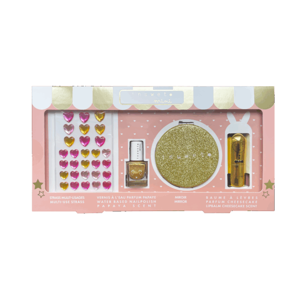Mini Set Glitter girl Dorado: pedrería facial & corporal + esmalte de uñas dorado-papaya + espejo purpurina + labial dorado-cheescake - Imagen 2