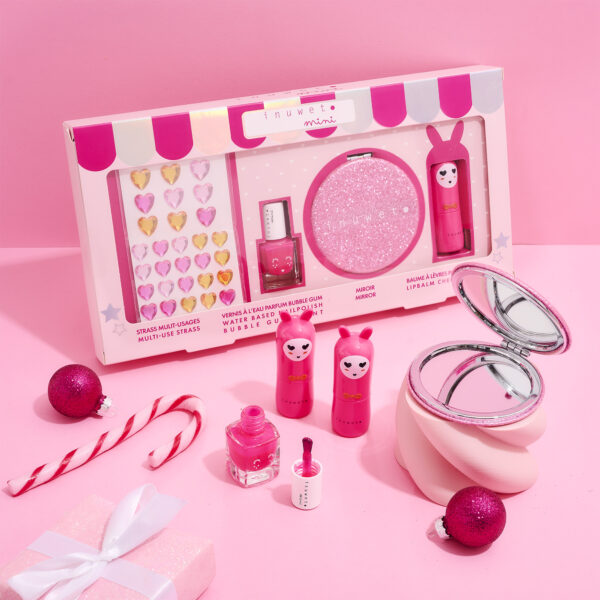 Mini Set Glitter girl Rosa: pedrería facial & corporal + esmalte de uñas fucsia-fresa + espejo purpurina + labial fucsia-cereza