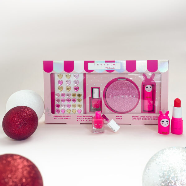 Mini Set Glitter girl Rosa: pedrería facial & corporal + esmalte de uñas fucsia-fresa + espejo purpurina + labial fucsia-cereza - Imagen 3
