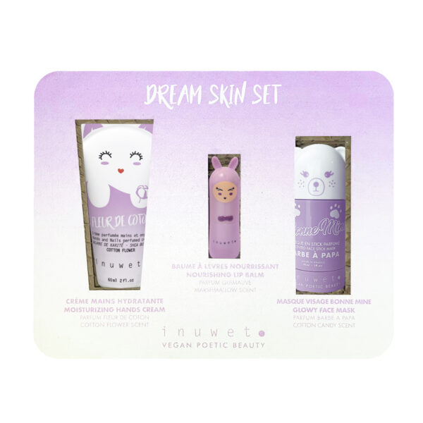 Caja Dream Morada: Mascarilla facial stick algodón de azúcar + crema manos flor algodón + bálsamo labial nube