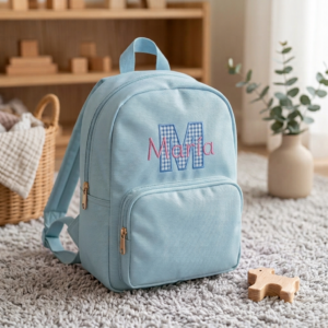 Mochila Solid Color Sky + Aplique Letra y Nombre Bordado