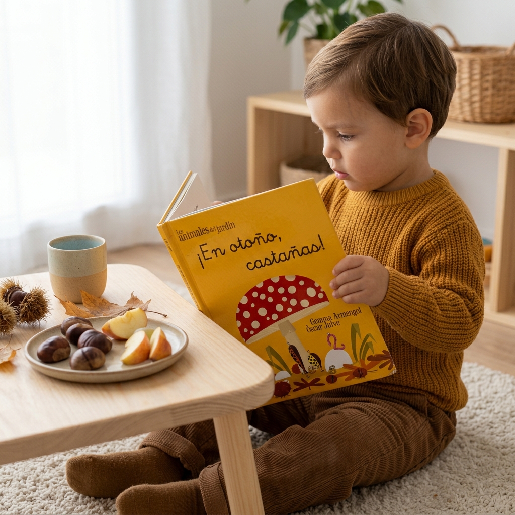 Niño leyendo el libro «¡En otoño, castañas!» junto a un plato de castañas
